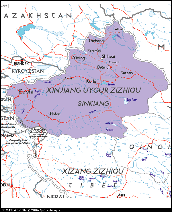 Map of Xinjiang Uygur Zizhiqu